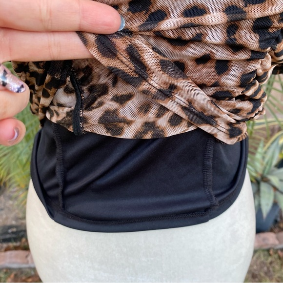 Popular 21 Leopard Print Ruched Mesh Blouse Top - Picture 6 of 8